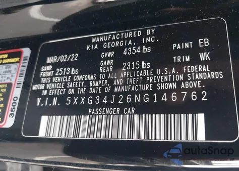 2022 Kia K5 Ex z USA, uszkodzony, nr VIN 5XXG34J26NG146762